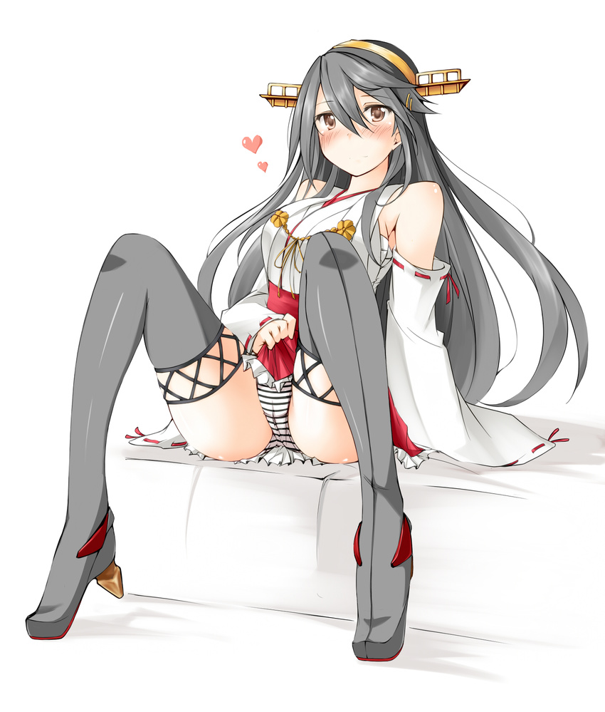 arm_support black_hair black_legwear blush boots brown_eyes detached_sleeves haruna_(kantai_collection) headgear heart highres kaminagi_(kaminagi-tei) kantai_collection long_hair looking_at_viewer nontraditional_miko panties pantyshot pantyshot_(sitting) sitting skirt skirt_lift solo striped striped_panties thigh_boots thighhighs underwear