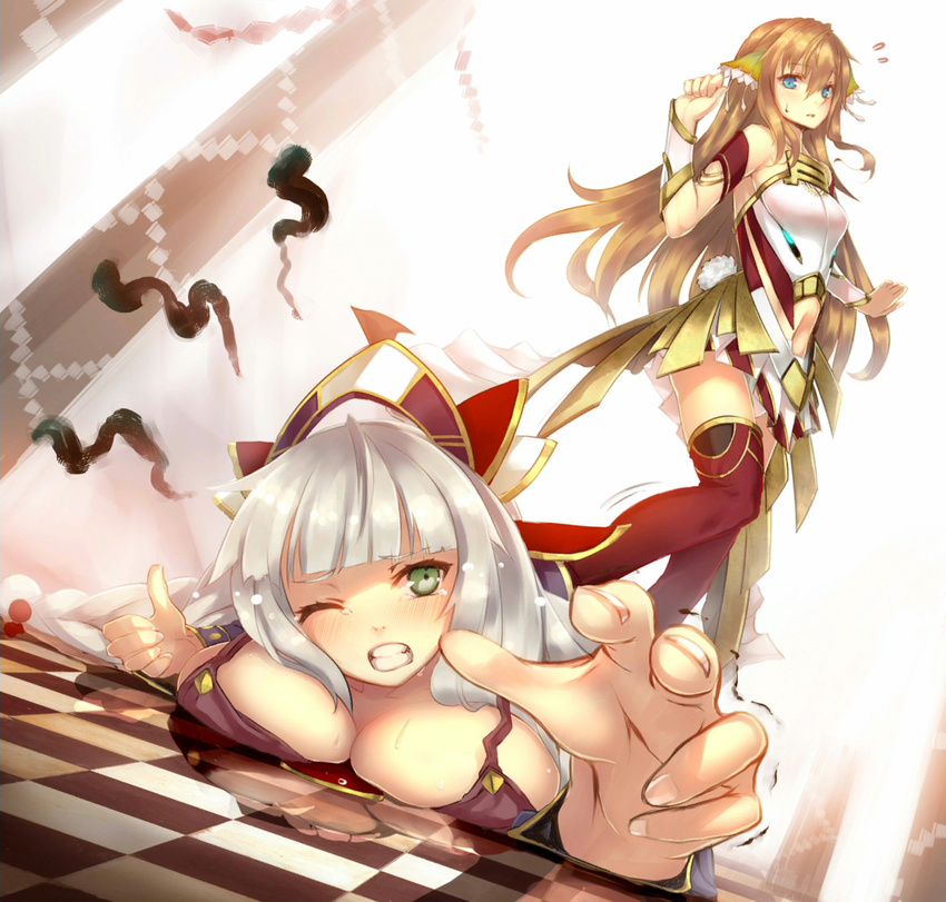 aqua_eyes ar_nosurge blonde_hair breasts checkered checkered_floor clenched_teeth dutch_angle flying_sweatdrops game_cg good_guys_win green_eyes highres ionasal_kkll_preciel kanoyeel_kkll_preciel large_breasts lying multiple_girls ntny official_art on_floor on_stomach one_eye_closed outstretched_arm stepped_on stepping surge_concerto sweat sweatdrop tears teeth trembling white_hair wince