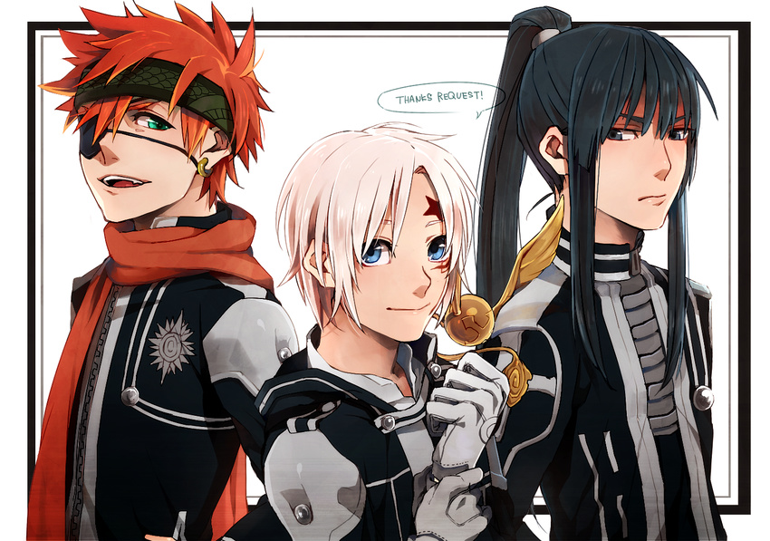 allen_walker black_hair d.gray-man eyepatch fley3black kanda_yuu lavi male_focus multiple_boys orange_eyes ponytail scar silver_hair white_hair