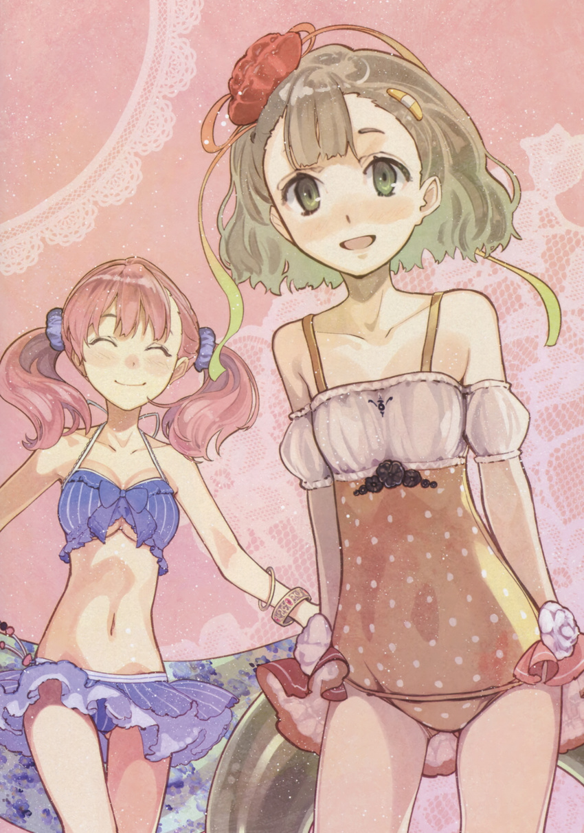 :d atelier_(series) atelier_escha_&amp;_logy bangle bikini blonde_hair blue_bikini blush bracelet breasts cleavage closed_eyes collarbone cowboy_shot escha_malier green_eyes hair_ornament hairclip halterneck hidari_(left_side) highres jewelry lace lucille_ernella medium_breasts multiple_girls navel nose_blush official_art one-piece_swimsuit open_mouth pink_background pink_hair polka_dot polka_dot_swimsuit scrunchie short_hair small_breasts smile striped striped_bikini striped_swimsuit swimsuit thigh_gap twintails underboob