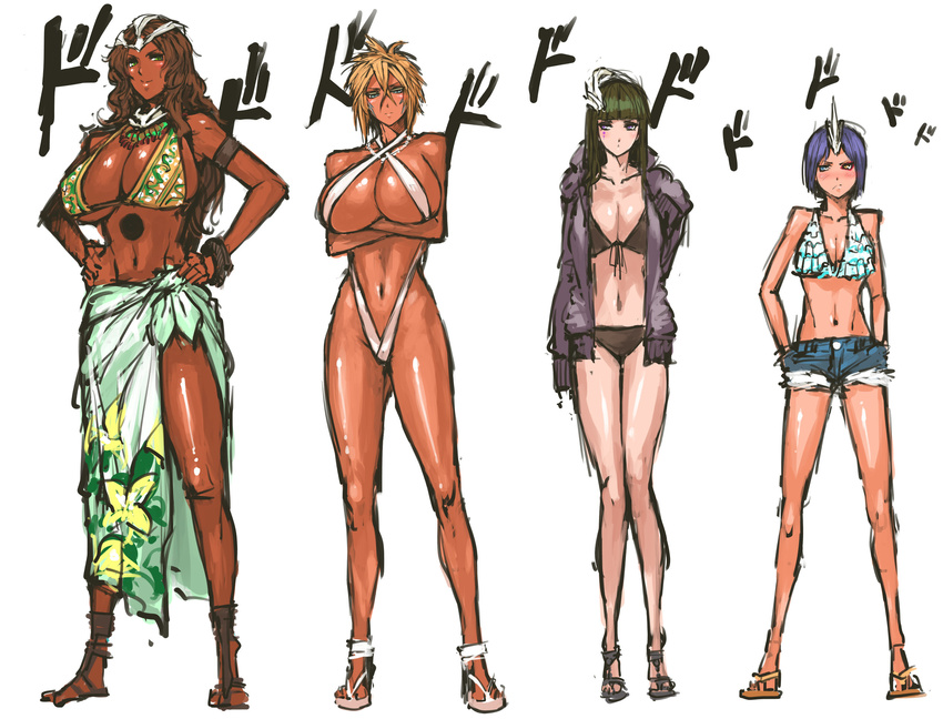 bangs bikini black_hair bleach blonde_hair blue_eyes blush breast_envy breasts brown_hair cleavage commentary_request crossed_arms crossed_bangs cutoffs cyan_sung-sun dark_skin denim denim_shorts emilou_apacci floral_print franceska_mila_rose front-tie_bikini front-tie_top full_body hands_in_pockets hands_on_hips height_difference heterochromia highres hood hood_down hoodie huge_breasts large_breasts lineup midriff multiple_girls nameo_(judgemasterkou) navel open_clothes open_hoodie sandals sarong short_shorts shorts sideboob slingshot_swimsuit small_breasts standing swimsuit tier_harribel translation_request underboob yellow_eyes