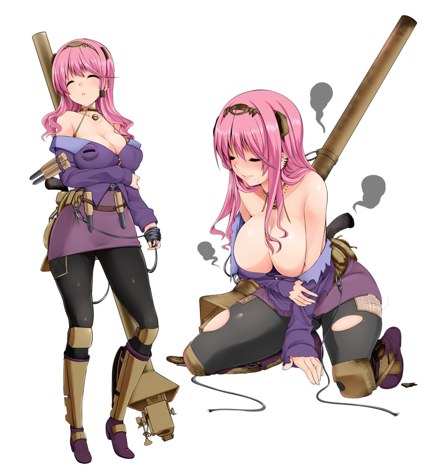bare_shoulders black_legwear blush boots breasts cleavage closed_eyes earrings full_body hairband highres jagdtiger jewelry large_breasts long_hair miki_purasu multiple_earrings multiple_views original pantyhose personification pink_hair simple_background smoke tank_destroyer tank_turret torn_clothes torn_legwear white_background world_of_tanks