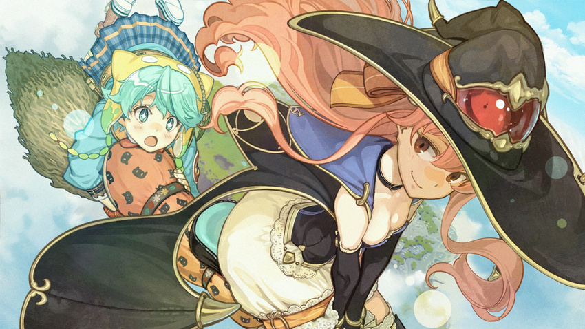 2girls animal_print atelier_(series) atelier_shallie blush breasts broom broom_riding brown_eyes cat_print choker cleavage cloud day flying game_cg green_eyes green_hair hat hat_with_ears hidari_(left_side) lens_flare looking_at_another medium_breasts multiple_girls official_art open_mouth pink_hair plaid plaid_skirt pleated_skirt shallotte_elminus skirt smile sparkling_eyes wilbell_voll=erslied witch witch_hat