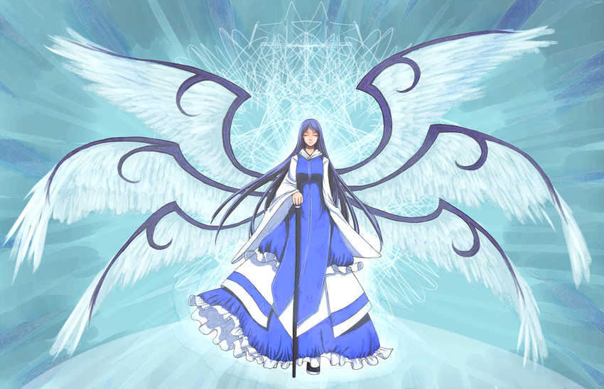 angel_wings blue_dress blue_hair cane closed_eyes dress frilled_dress frills full_body highres illynda long_hair long_sleeves multiple_wings sariel seraph standing tabard touhou touhou_(pc-98) very_long_hair walking_stick wide_sleeves wings