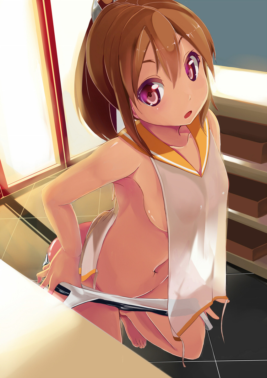 barefoot breasts brown_hair highres i-401_(kantai_collection) kantai_collection looking_at_viewer medium_breasts midriff navel no_bra onikiri pants_pull ponytail pulled_by_self purple_eyes revision school_swimsuit see-through short_hair sideboob solo swimsuit swimsuit_pull undressing