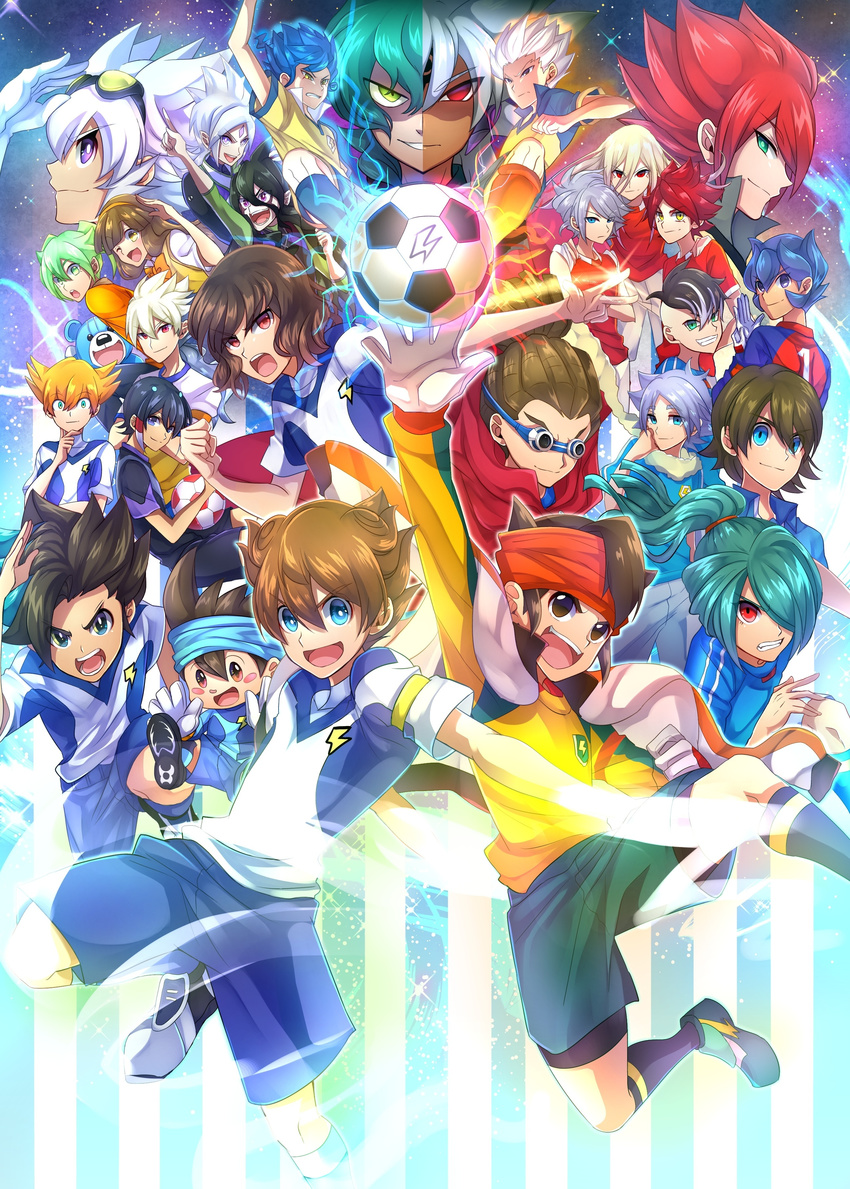 6+boys absurdres afuro_terumi ancient_dark aqua_hair armband bad_id bad_pixiv_id baddap_sleed bittowei_ozurokku blonde_hair blue_eyes blue_hair blush_stickers brown_eyes brown_hair earth_eleven endou_mamoru everyone fei_rune fideo_aldena fire_dragon_(inazuma_eleven) fubuki_shirou fudou_akio gandaresu_baran gloves goalkeeper goggles goggles_on_head gouenji_shuuya green_eyes green_hair grin hair_ornament hair_over_one_eye hairband hairlocs hakuryuu_(inazuma_eleven) headband highres inazuma_eleven inazuma_eleven_(series) inazuma_eleven_go inazuma_eleven_go_chrono_stone inazuma_eleven_go_galaxy inazuma_japan kazemaru_ichirouta kidou_yuuto kiyama_hiroto lightning_bolt little_gigant long_hair maianh matatagi_hayato matsukaze_tenma minaho_kazuto multicolored_hair multiple_boys nagumo_haruya nanobana_kinako nishizono_shinsuke no_pupils orange_hair orpheus_(inazuma_eleven) pointy_ears ponytail purple_hair raimon raimon_school_uniform raimon_soccer_uniform red_eyes red_hair rococo_urupa ryugeru_baran saryuu_evan scarf school_uniform shindou_takuto short_hair shuu_(inazuma_eleven) sky sleeves_rolled_up smile soccer_uniform sportswear star_(sky) starry_sky suzuno_fuusuke sweater_vest the_genesis tsurugi_kyousuke two-tone_hair unlimited_shining white_hair wonderbat yellow_eyes