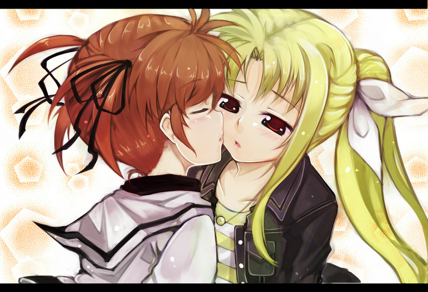 2girls artist_request blonde_hair brown_hair couple eyes_closed fate_testarossa hair_ornament incipient_kiss looking_at_another lyrical_nanoha mahou_shoujo_lyrical_nanoha mahou_shoujo_lyrical_nanoha_a's mahou_shoujo_lyrical_nanoha_a's multiple_girls pigtails red_eyes ribbon short_twintails takamachi_nanoha twintails yatsuhashi yuri