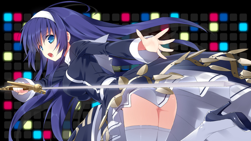 ahoge armor armored_dress asaba_yuu blue_eyes blue_hair breasts french-bread hairband high_heels highres huge_ahoge large_breasts long_hair open_mouth orie_(under_night_in-birth) rapier solo sword thighhighs under_night_in-birth upskirt very_long_hair weapon white_legwear