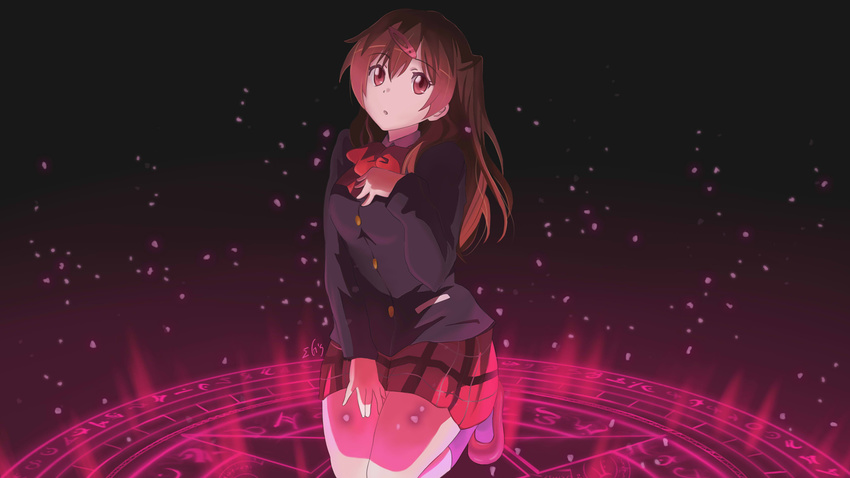 brown_eyes brown_hair chuunibyou_demo_koi_ga_shitai! derivative_work hair_ornament hairclip hand_on_own_chest hands_on_own_knees highres light_particles magic_circle neck_ribbon nibutani_shinka plaid plaid_skirt pleated_skirt ribbon side_ponytail signature skirt sorandia voice_(chuu2koi)