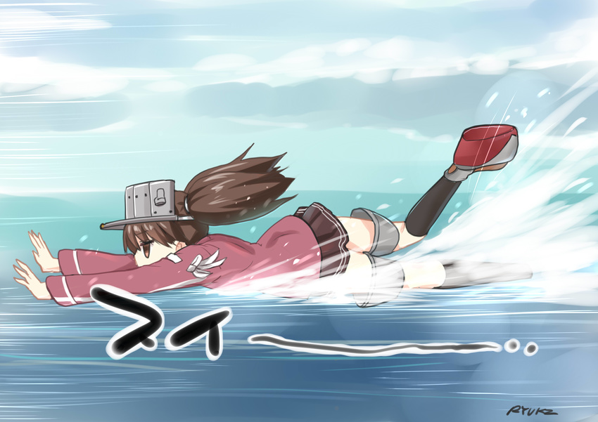 absurdres artist_name black_legwear brown_eyes brown_hair cloud day hat highres kantai_collection kneehighs long_hair meme outstretched_arms ryuki_(ryukisukune) ryuujou_(kantai_collection) skirt sky sliding solo twintails water waterskiing_(meme)