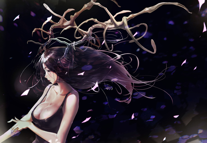 antlers bare_shoulders black_dress black_eyes black_hair breasts cleavage collarbone dress highres hong large_breasts long_hair mole mole_on_breast original tears