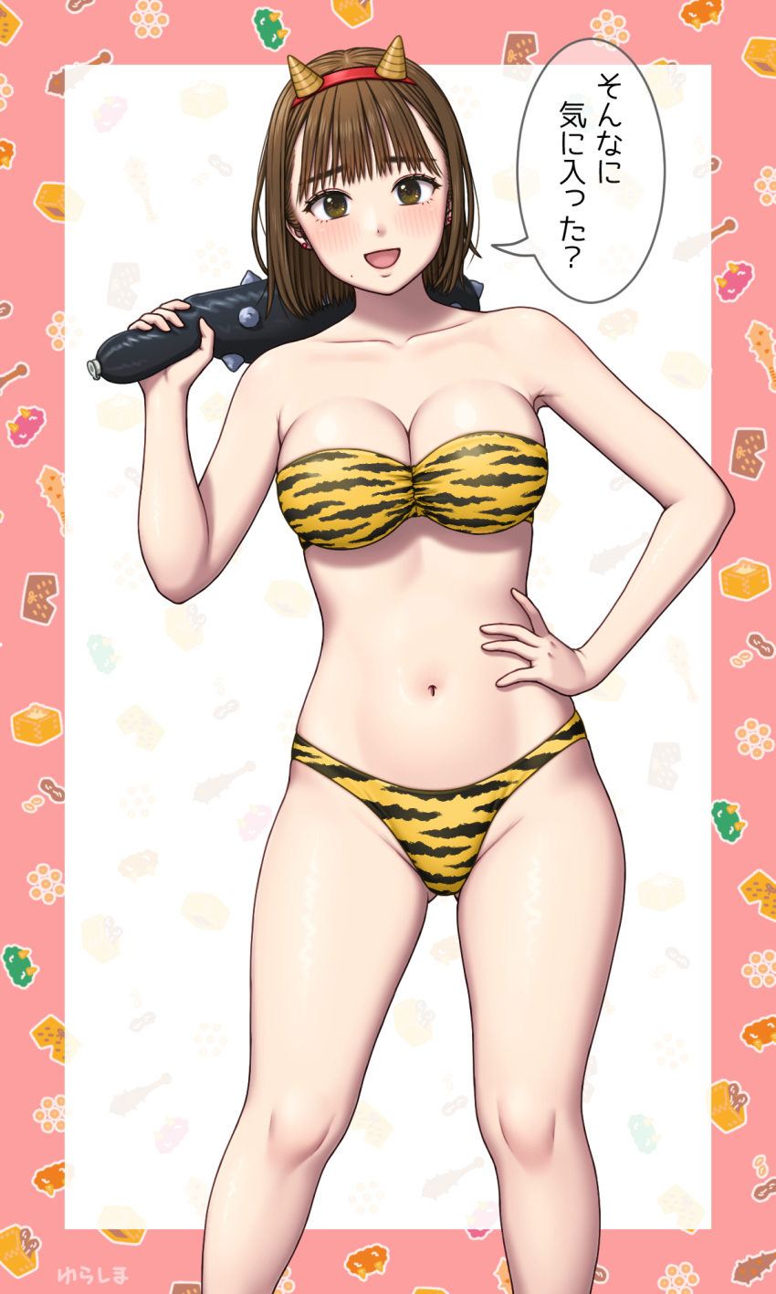 1girl animal_print bikini breasts brown_eyes brown_hair club_(weapon) commentary_request cone_horns feet_out_of_frame hand_on_own_hip highres horns inflatable_toy kanabou medium_breasts navel original short_hair solo spiked_club strapless strapless_bikini swimsuit tiger_print translation_request weapon yellow_bikini yurashima
