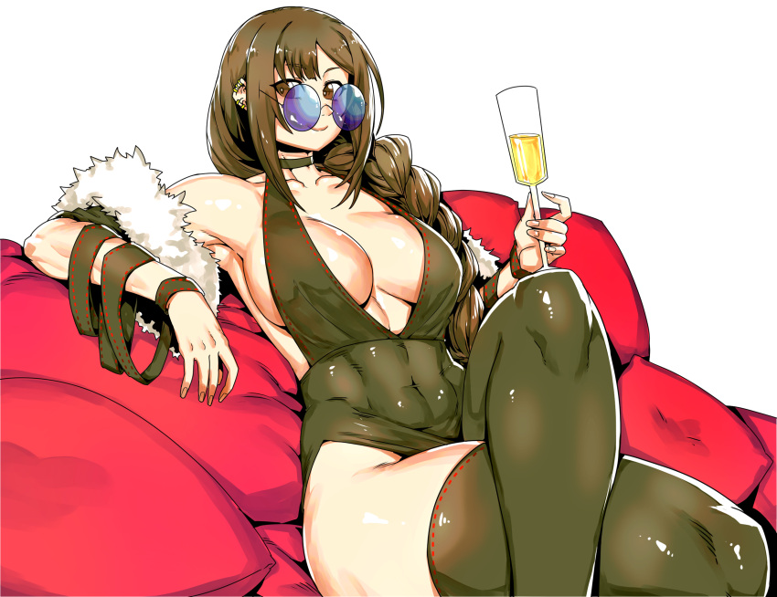 1girl alcohol bare_shoulders black_dress black_thighhighs braid braided_ponytail breasts brown_eyes brown_hair champagne champagne_flute choker covered_navel crossed_legs cup dress drinking_glass earrings fate/grand_order fate_(series) fur_shawl highres jewelry large_breasts long_hair looking_at_viewer minew round_eyewear shawl single_braid sitting smile solo sunglasses thighhighs thighs very_long_hair yu_mei-ren_(fate)