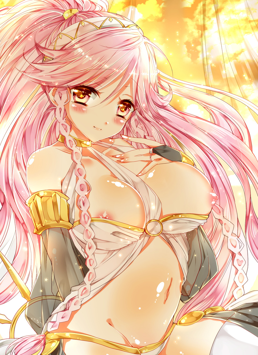 absurdres areola_slip areolae bad_id bad_pixiv_id bare_shoulders bariko between_breasts blush braid breast_slip breasts choker dancer detached_sleeves fire_emblem fire_emblem:_kakusei groin hair_ornament hairband hand_on_own_chest harem_outfit highres jewelry large_breasts long_hair navel nipple_slip nipples olivia_(fire_emblem) one_breast_out pink_eyes pink_hair ring shiny shiny_skin smile solo twin_braids