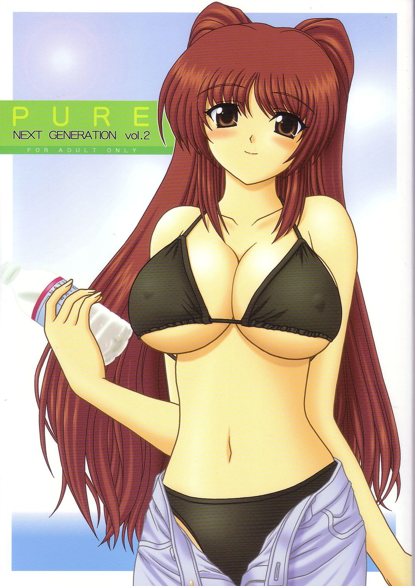 bikini bikini_under_clothes blush bottle breasts brown_eyes cleavage cover covered_nipples doujinshi highres kousaka_tamaki large_breasts long_hair navel non-web_source open_fly pin_vice pinup red_hair scan smile solo swimsuit swimsuit_under_clothes to_heart_2 underboob unzipped very_long_hair water_bottle