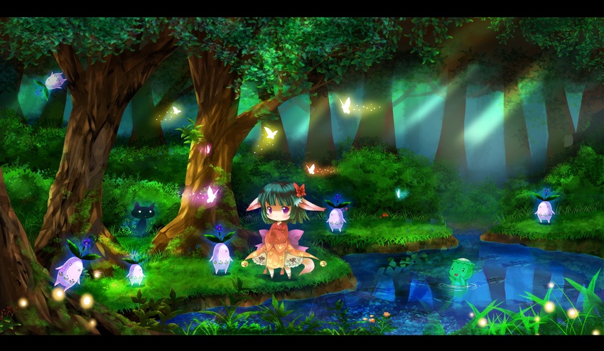 bad_id bad_pixiv_id bow bug butterfly cat creature fish forest hair_bow insect kappa michii_yuuki nature original pointy_ears purple_eyes river scenery solo tail water