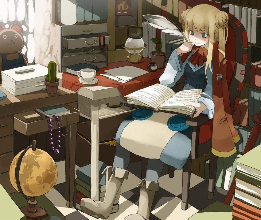 blonde_hair book boots cactus chair desk fantasy globe highres original pen room solo stuffed_animal stuffed_toy tansuke twintails