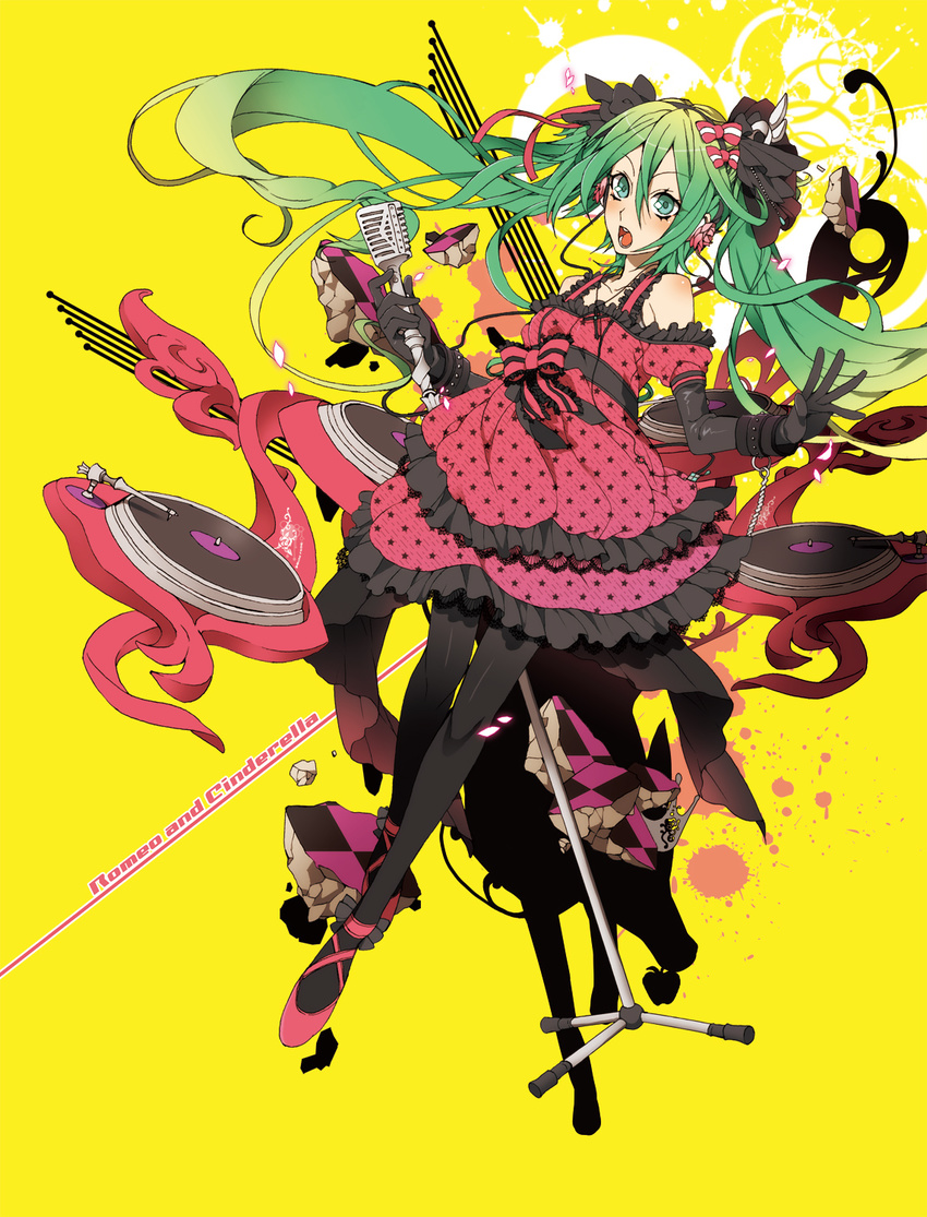 crown dress elbow_gloves flower gloves green_eyes green_hair hair_ribbon hatsune_miku headphones high_heels highres legs long_hair microphone microphone_stand open_mouth pantyhose petals ribbon romeo_to_cinderella_(vocaloid) rose sena_(mineruba) shoes solo twintails vintage_microphone vocaloid