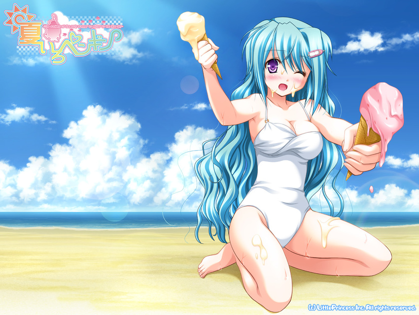 alto_seneka barefoot beach blue_hair blush breasts casual_one-piece_swimsuit cleavage cloud day food galge.com hair_ornament hairclip hisaki_mei ice_cream large_breasts long_hair natsuiro_penguin one-piece_swimsuit one_eye_closed outdoors purple_eyes sexually_suggestive sitting sky solo suggestive_fluid swimsuit wallpaper wariza