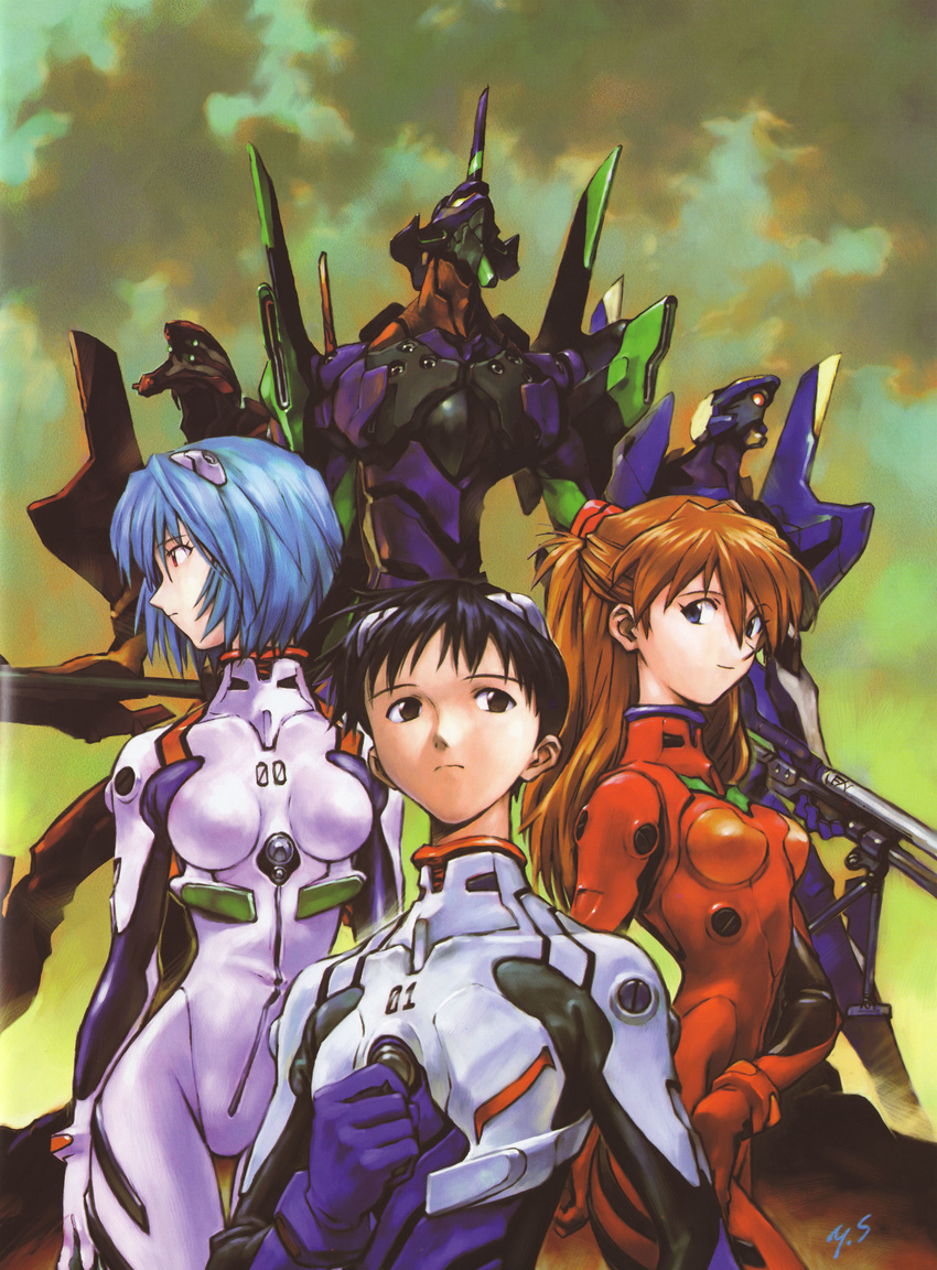 2girls absurdres arm_behind_back ayanami_rei bangs black_eyes black_hair blue_eyes blue_hair bodysuit bracer breasts brown_hair clenched_hand cloud cloudy_sky cowboy_shot eva_00 eva_01 eva_02 expressionless from_side gloves gun hair_between_eyes hair_ornament hand_on_own_thigh highres holding holding_weapon ikari_shinji light_smile looking_at_viewer looking_to_the_side mecha multiple_girls neon_genesis_evangelion number official_art outdoors pilot_suit plugsuit profile red_eyes sadamoto_yoshiyuki scan short_hair signature skinny sky small_breasts smile souryuu_asuka_langley thigh_gap turtleneck twintails two_side_up upper_body weapon white_bodysuit