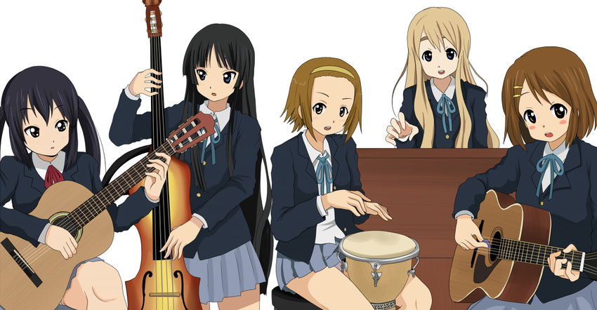 acoustic_guitar akiyama_mio djembe double_bass drum guitar hirasawa_yui instrument k-on! kotobuki_tsumugi multiple_girls nakano_azusa nullhachi piano school_uniform tainaka_ritsu