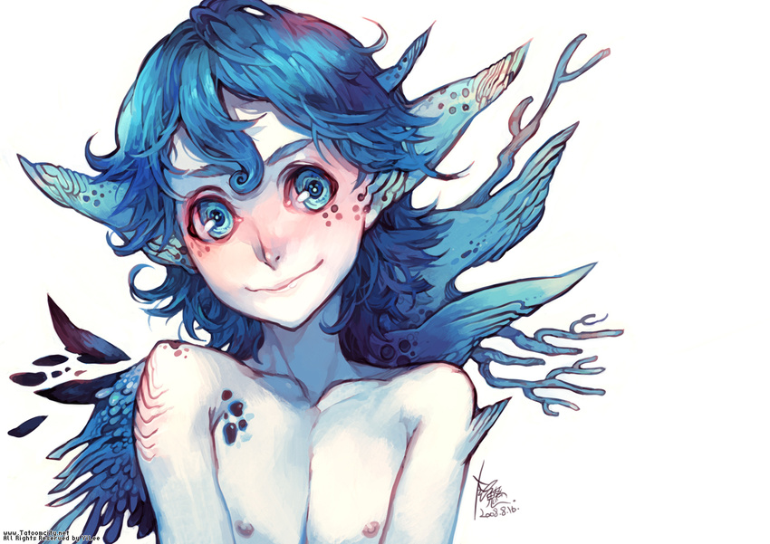 androgynous blue_eyes blue_hair copyright_request flat_chest monster_girl solo yi_lee