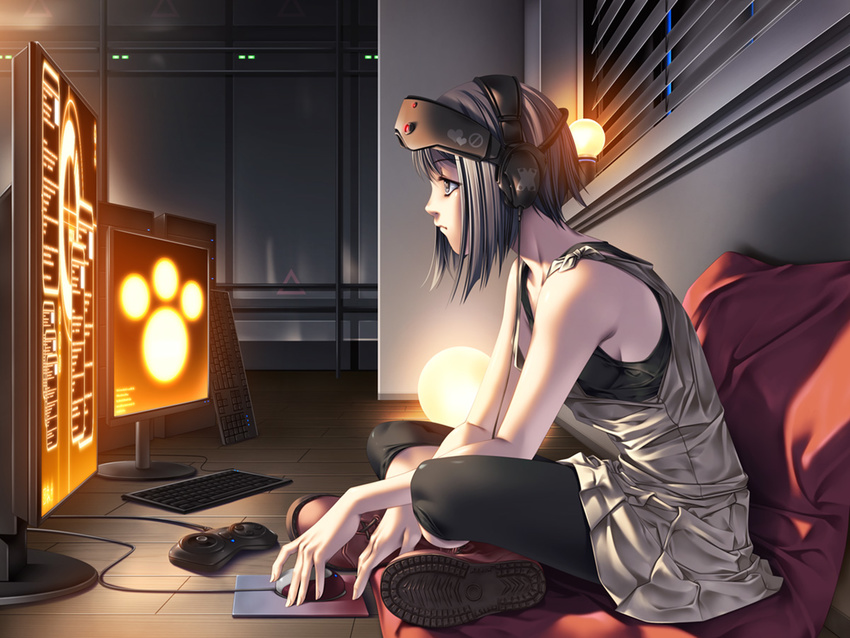 bare_shoulders boots capri_pants computer controller from_side game_controller head_mounted_display indian_style joystick keyboard_(computer) leggings monitor mouse_(computer) original pants rezi shoe_soles short_hair silver_hair sitting solo