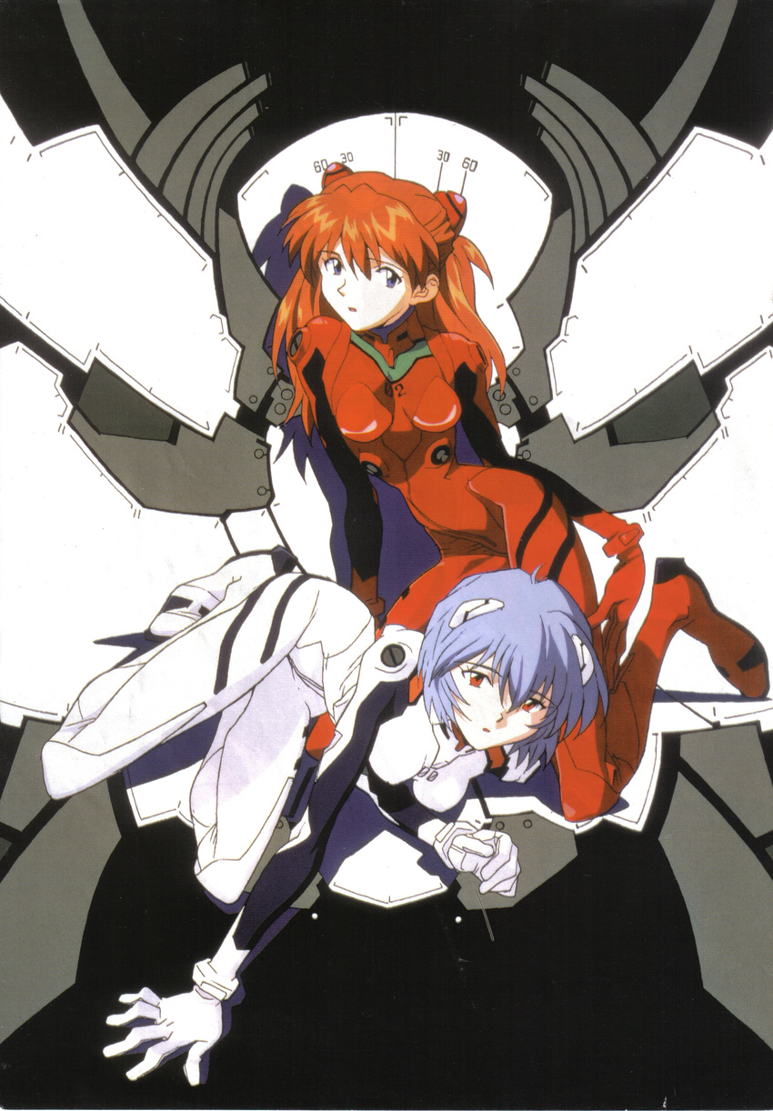 absurdres artist_request ayanami_rei blue_eyes blue_hair bodysuit highres long_hair multiple_girls neon_genesis_evangelion plugsuit red_eyes red_hair scan short_hair souryuu_asuka_langley white_bodysuit