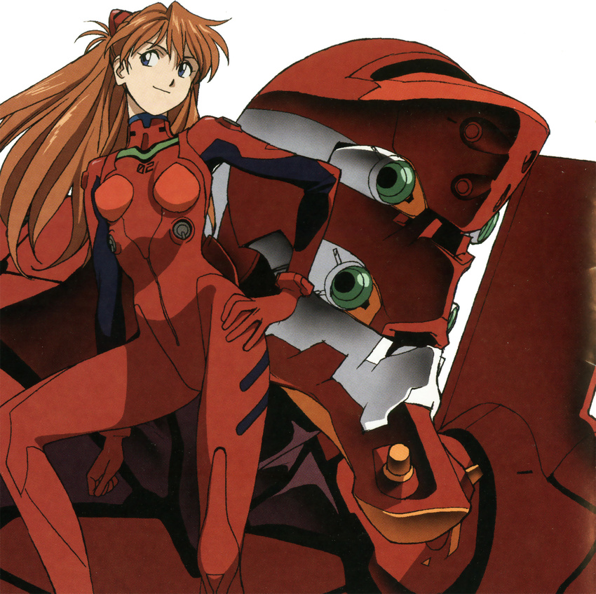 artist_request bangs blue_eyes bodysuit bracer breasts clenched_hand eva_02 gloves hand_on_hip headgear highres light_smile long_hair looking_to_the_side mecha neon_genesis_evangelion number orange_hair pilot_suit scan simple_background small_breasts smile souryuu_asuka_langley turtleneck white_background