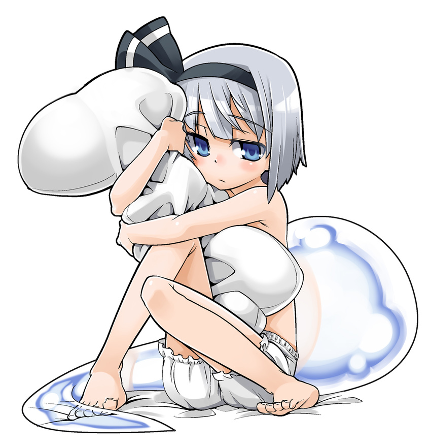 barefoot black_hairband bloomers blue_eyes blush bob_cut closed_mouth feet full_body gengorou hairband hitodama hug konpaku_youmu konpaku_youmu_(ghost) pillow pillow_hug silver_hair simple_background solo topless touhou underwear underwear_only white_bloomers