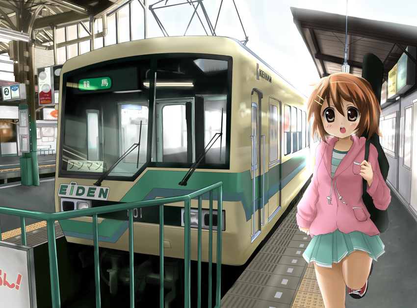 brown_eyes brown_hair ground_vehicle guitar_case highres hirasawa_yui hood hoodie instrument_case k-on! karaage3 kyoto open_mouth pantograph real_world_location running solo tactile_paving train train_station