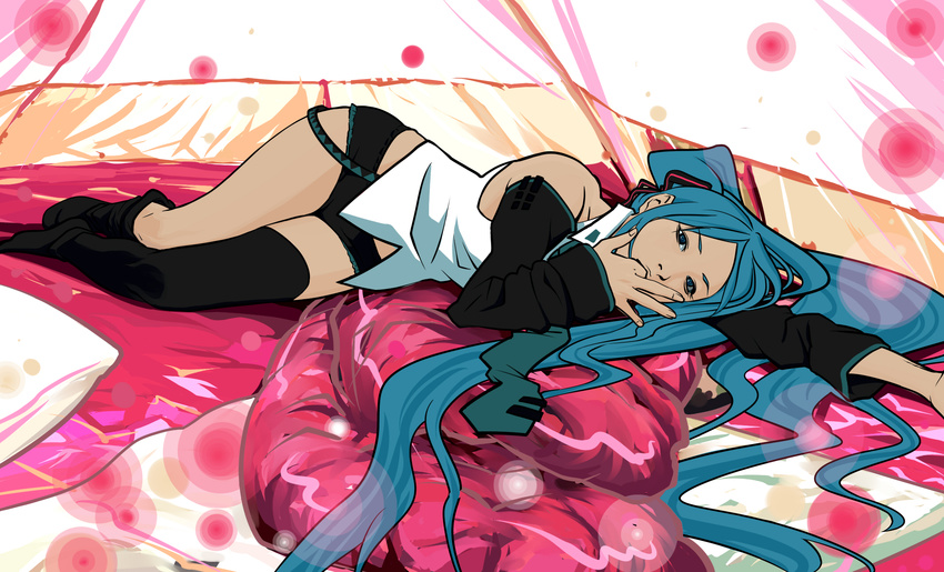 bad_id bad_pixiv_id blue_eyes blue_hair detached_sleeves finger_sucking hatsune_miku highres long_hair lying necktie on_side pagudaruma panties pillow solo thighhighs twintails underwear vocaloid