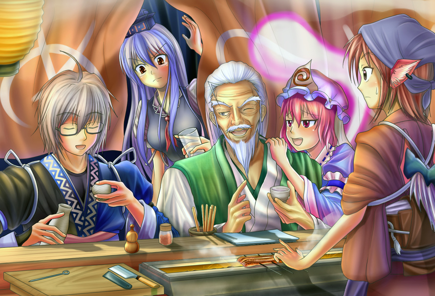 3girls ahoge beard blue_hair blush breasts brown_eyes chopsticks closed_eyes cup drink facial_hair food food_stand frown ghost glass glasses gourd grey_eyes grill hand_on_another's_shoulder hat hetero hinami_(hinatamizu) index_finger_raised japanese_clothes kamishirasawa_keine konpaku_youki lantern medium_breasts morichika_rinnosuke multicolored_hair multiple_boys multiple_girls mystia_lorelei noren okamisty one_eye_closed open_mouth paper_lantern pink_hair red_eyes saigyouji_yuyuko silver_hair surprised sweatdrop tasuki tears touhou two-tone_hair yatai