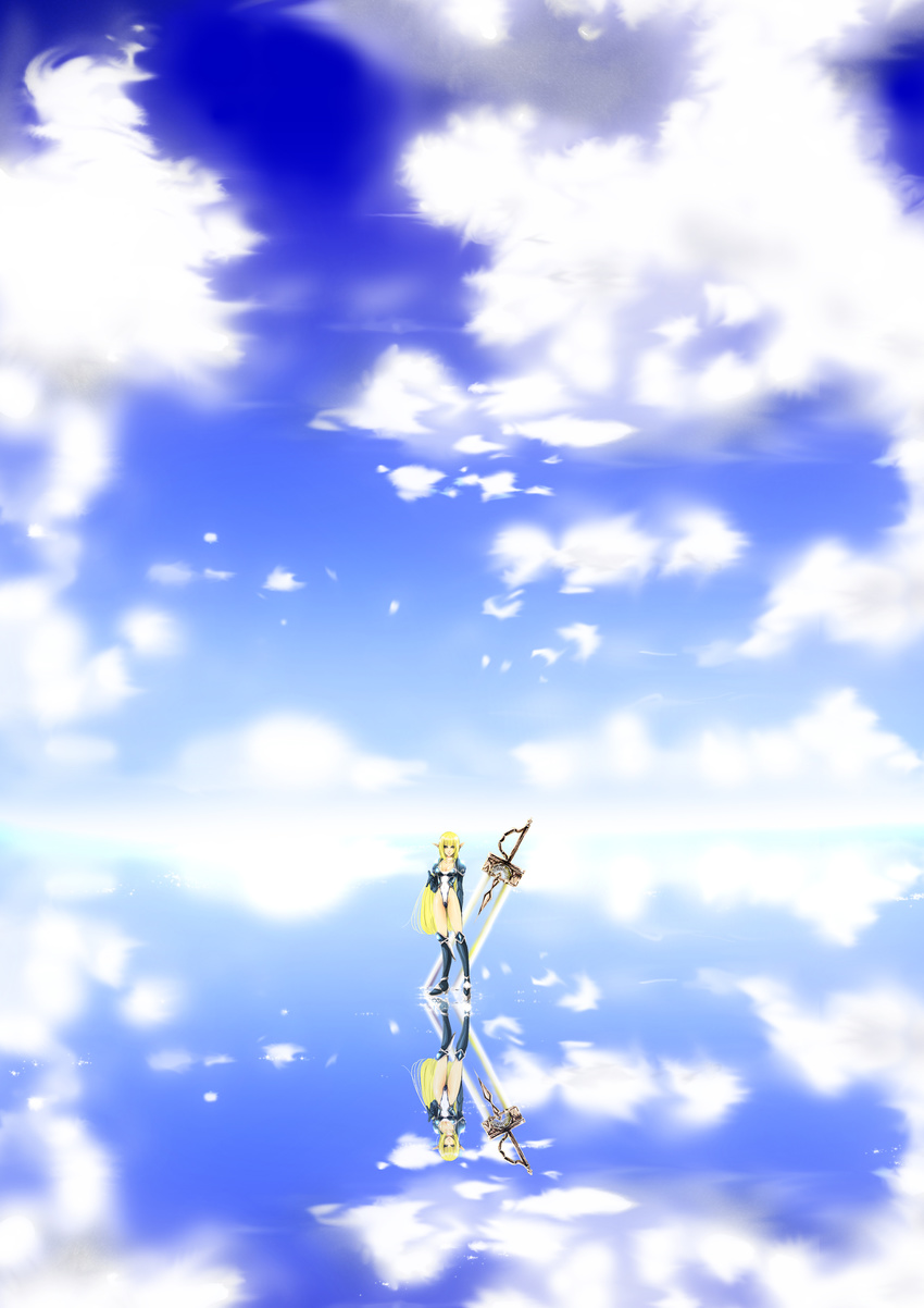 1girl absurdres blonde_hair boots cloud commentary_request copyright_request day elf highres kondoru long_hair pointy_ears reflection sky solo sword water water_world weapon