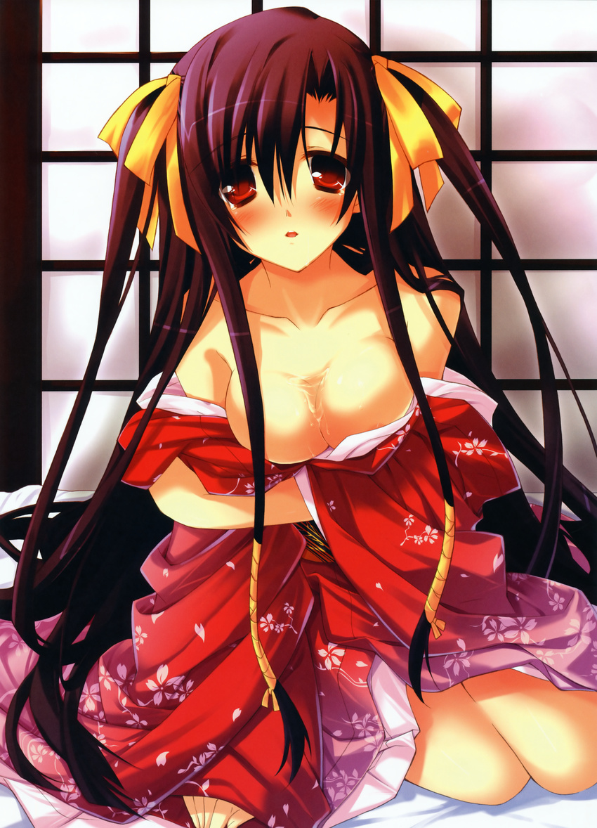 absurdres bare_shoulders blush breasts bust_cup copyright_request hair_ribbon highres hinata_mutsuki huge_filesize japanese_clothes kimono kneeling large_breasts purple_hair red_eyes ribbon solo tears undressing