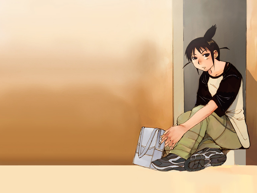 1280x960 bag black_eyes black_hair doorway genshiken ogiue_chika ponytail sitting wallpaper