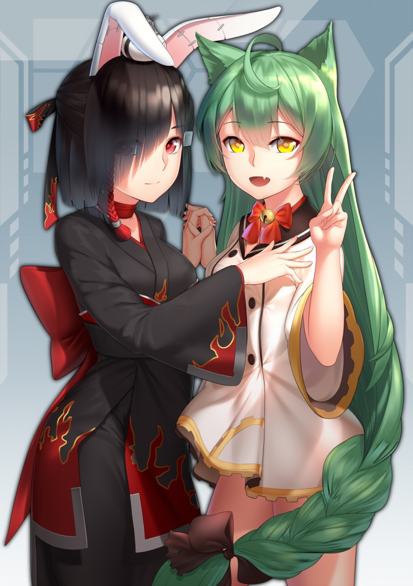 2girls ahoge akashi_(azur_lane) animal_ears azur_lane baiyin bangs black_hair blunt_bangs bottomless braid bunny_ears cat_ears commentary_request eyebrows_visible_through_hair fang green_hair hair_over_one_eye hand_holding hand_on_another's_chest hand_on_another's_chest highres japanese_clothes kimono long_hair looking_at_viewer multiple_girls obi open_mouth red_eyes sash shiranui_(azur_lane) smile v very_long_hair wide_sleeves yellow_eyes