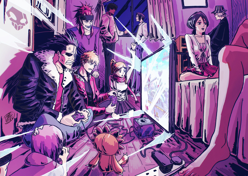 3girls 6+boys abarai_renji absurdres anger_vein arm_up black_hair bleach commentary controller dhashinn english_commentary game_console game_controller gamecube gamecube_controller glasses hair_slicked_back hat headband highres indoors inoue_orihime ishida_uryuu kon_(bleach) kuchiki_rukia kurosaki_ichigo kusajishi_yachiru multiple_boys multiple_girls out_of_frame playing_games playing_video_games ponytail red_hair red_skirt sado_yasutora scarf shihouin_yoruichi skirt smile super_smash_bros. urahara_kisuke zaraki_kenpachi