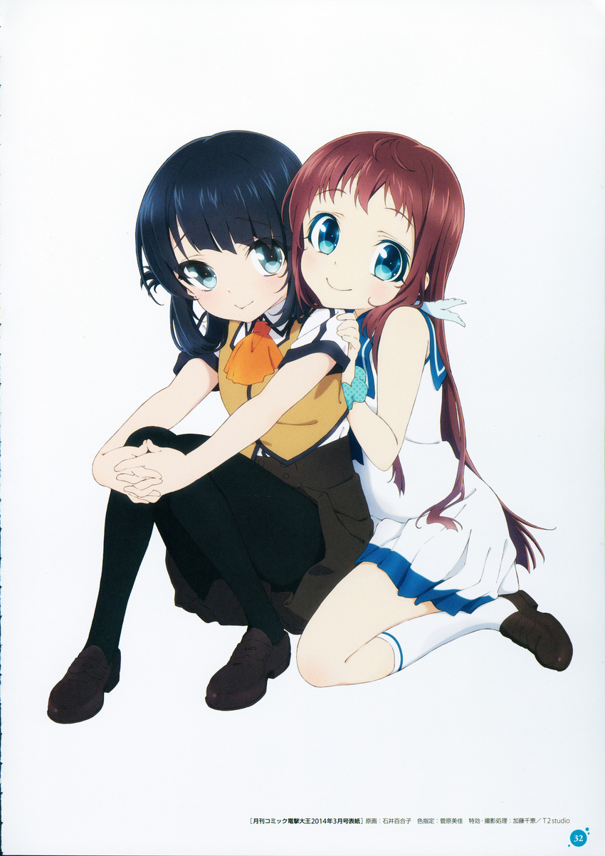 :&gt; absurdres black_hair blue_eyes brown_hair dress folded_hair hair_rings hand_on_another's_shoulder highres ishii_yuriko kneehighs loafers long_hair mukaido_manaka multiple_girls nagi_no_asukara non-web_source official_art pantyhose sailor_dress scan school_uniform serafuku shiodome_miuna shoes simple_background smile twintails white_background