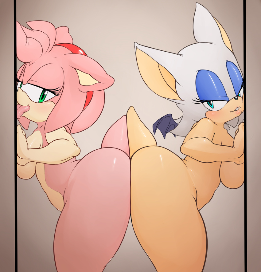 2014 amy_rose anthro argento bat big_breasts big_butt blush breasts bump butt female hedgehog looking_at_viewer mammal nude rouge_the_bat sega side_boob smile sonic_(series) wings