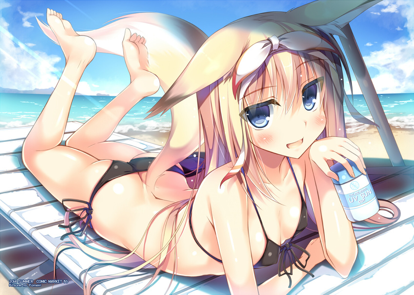 animal_ears barefoot beach beach_chair bikini black_bikini blonde_hair blue_eyes blush butt_crack cloud day fox_ears fox_tail front-tie_bikini front-tie_top long_hair lying nozomi_tsubame ocean on_stomach open_mouth original outdoors side-tie_bikini sky smile solo suzuha_(nozomi_tsubame) swimsuit tail water