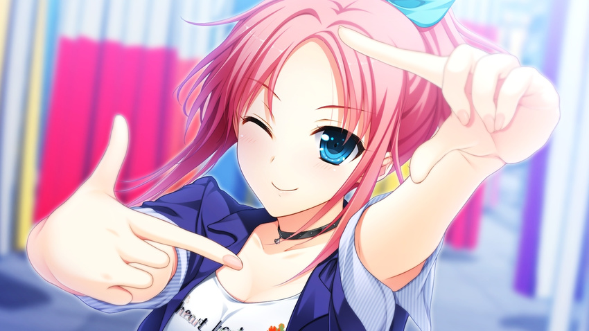 akino_subaru blue_eyes collar face game_cg hoshi_ori_yume_mirai one_eye_closed pink_hair segawa_natsuki sidelocks smile solo