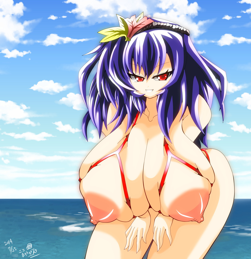 1girl areolae bent_over bikini bra breasts bursting_breasts cupless_bra female gigantic_breasts hair_ornament highres huge_breasts large_areolae leaf long_hair messy_hair nico_oyabin nicooyabin nipples ocean outdoors puffy_nipples purple_hair red_bikini red_eyes red_swimsuit smile solo standing summer swimsuit touhou underwear yasaka_kanako