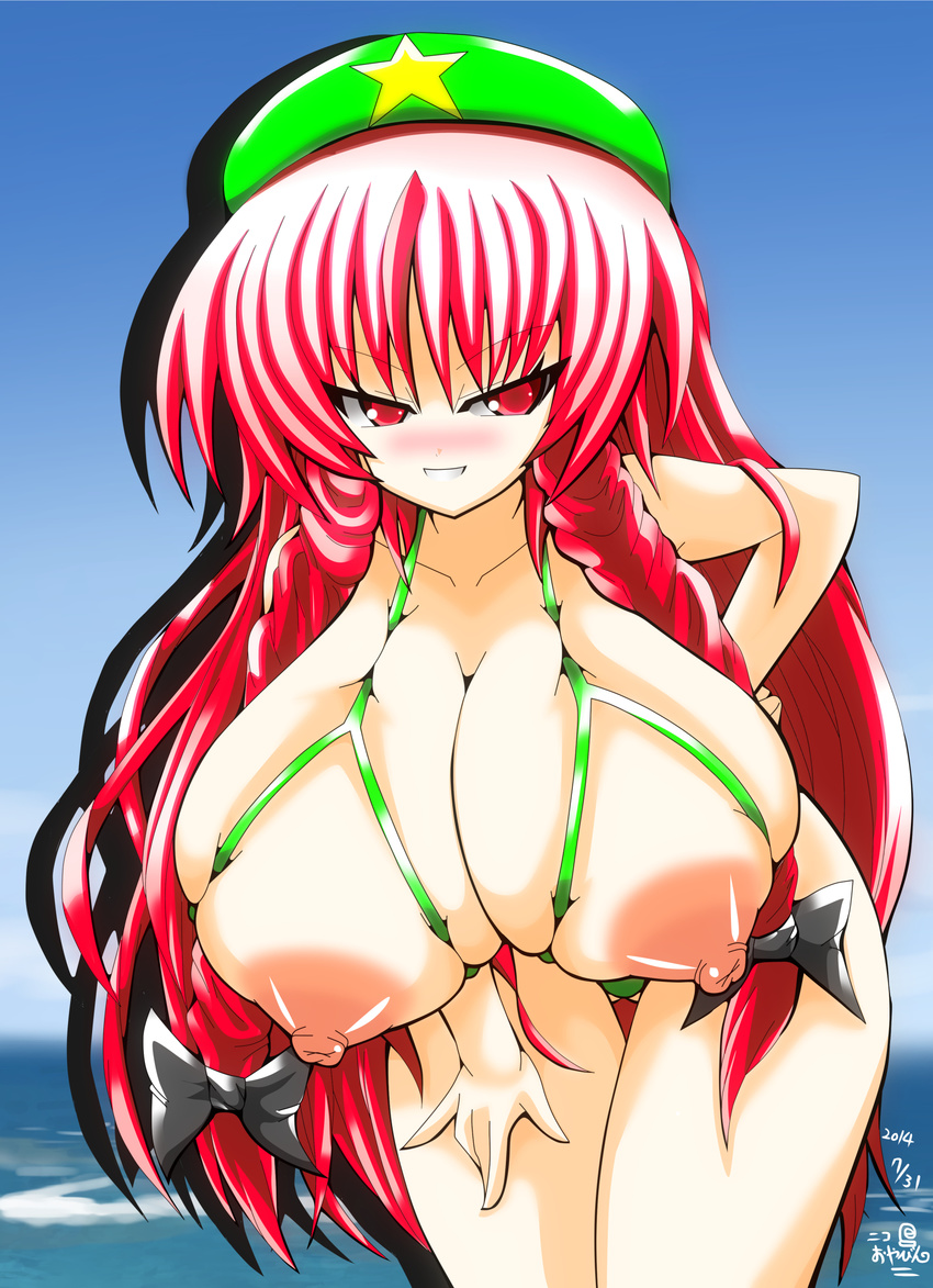 1girl areolae bent_over bikini bra breasts bursting_breasts cupless_bra female green_bikini green_swimsuit hair_ornament hair_ribbon hat highres hong_meiling huge_breasts long_hair nico_oyabin nicooyabin nipples ocean outdoors puffy_nipples red_eyes red_hair ribbon smile solo standing summer swimsuit thigh_gap touhou underwear