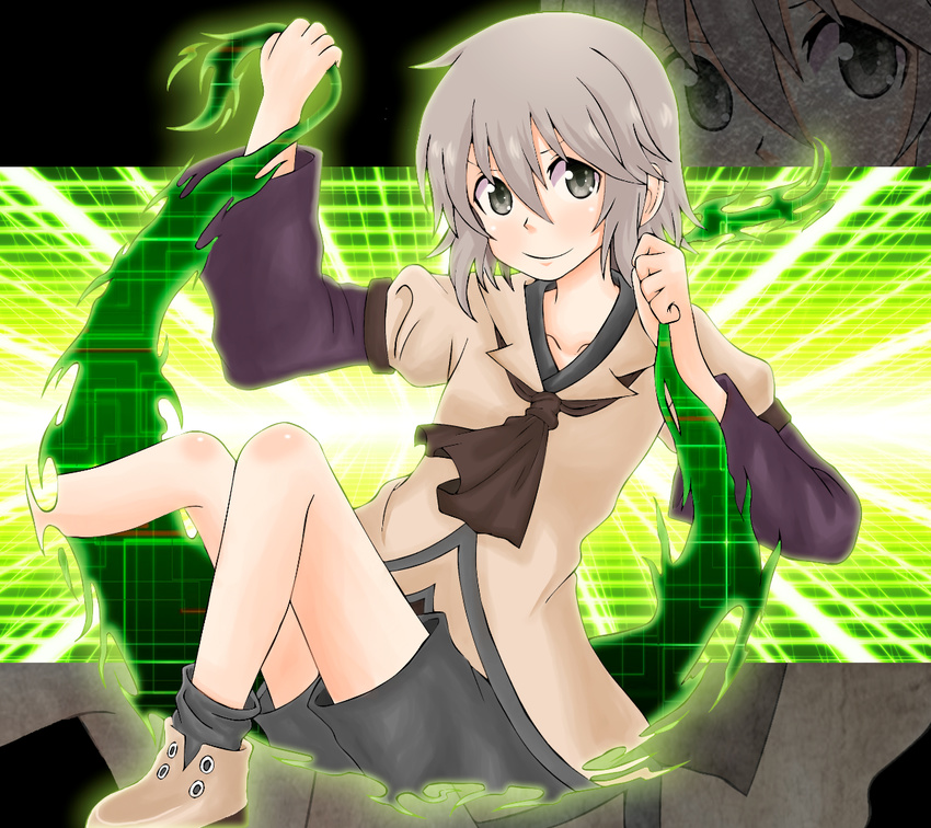 androgynous boots bow gap holding houlen_yabusame len'en short_hair shorts silver_eyes silver_hair sitting smile solo ximsol182 zoom_layer