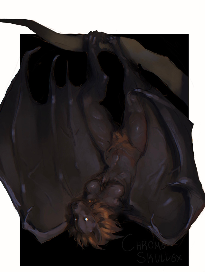 anthro bat big_pubes black_body breasts chromeskullex female hanging_by_feet hi_res mammal membrane_(anatomy) membranous_wings monster navel night nightmare_fuel pubes raised_wings solo spread_wings upside_down white_eyes winged_arms wings