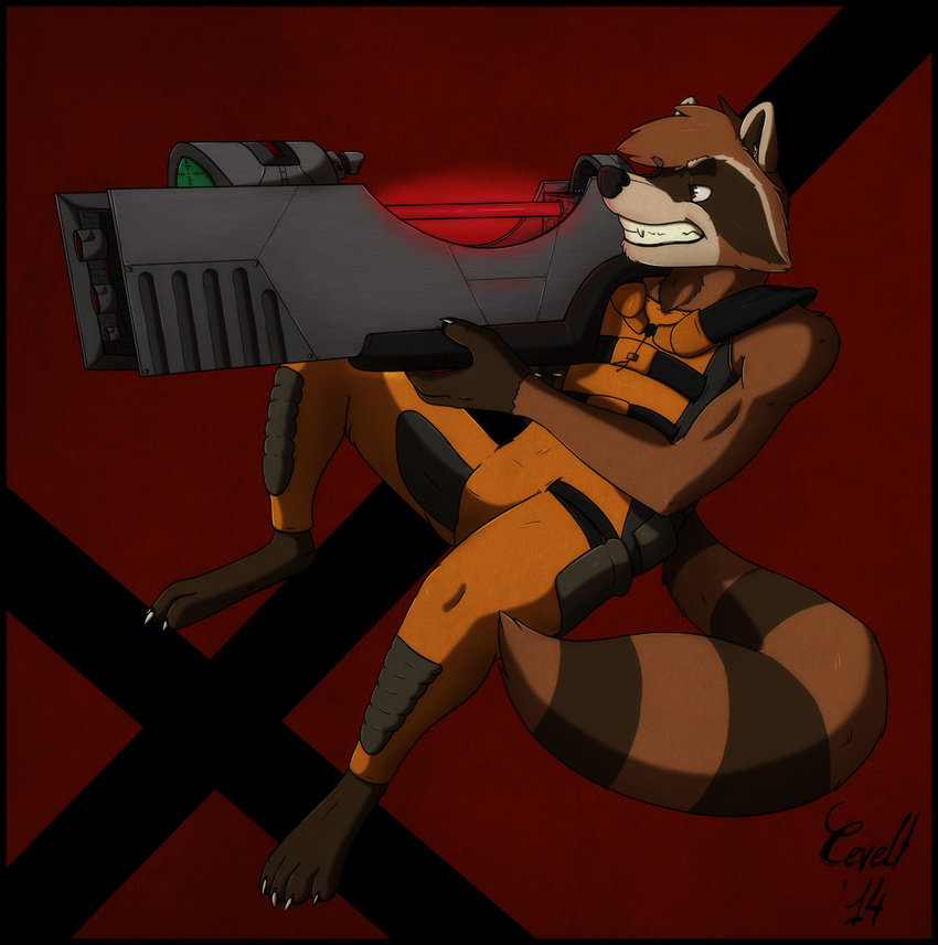 2014 anthro artwork cevelt guardians_of_the_galaxy male mammal marvel rocket_raccoon weapon