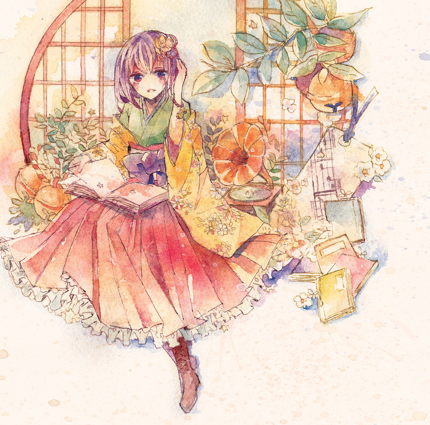 bob_cut book boots flower hair_flower hair_ornament hakama hieda_no_akyuu highres japanese_clothes phonograph purple_eyes purple_hair red_hakama shiratsuyu sitting solo touhou traditional_media watercolor_(medium) wide_sleeves