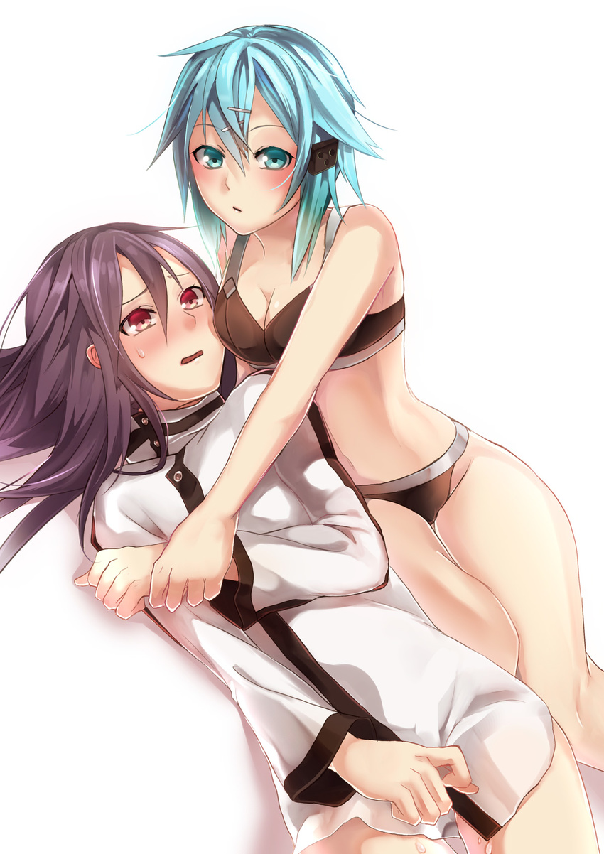 1girl aqua_eyes aqua_hair bra highres kirito kirito_(sao-ggo) long_hair memai no_pants otoko_no_ko panties red_eyes short_hair sinon sword_art_online underwear underwear_only