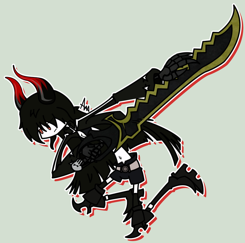 black_gold_saw black_hair black_rock_shooter breasts cleavage cropped_jacket grey_background grim-evilnov highres horns huge_weapon king_saw long_hair midriff navel open_fly outline red_eyes shorts signature simple_background skeletal_arm solo sword unzipped weapon